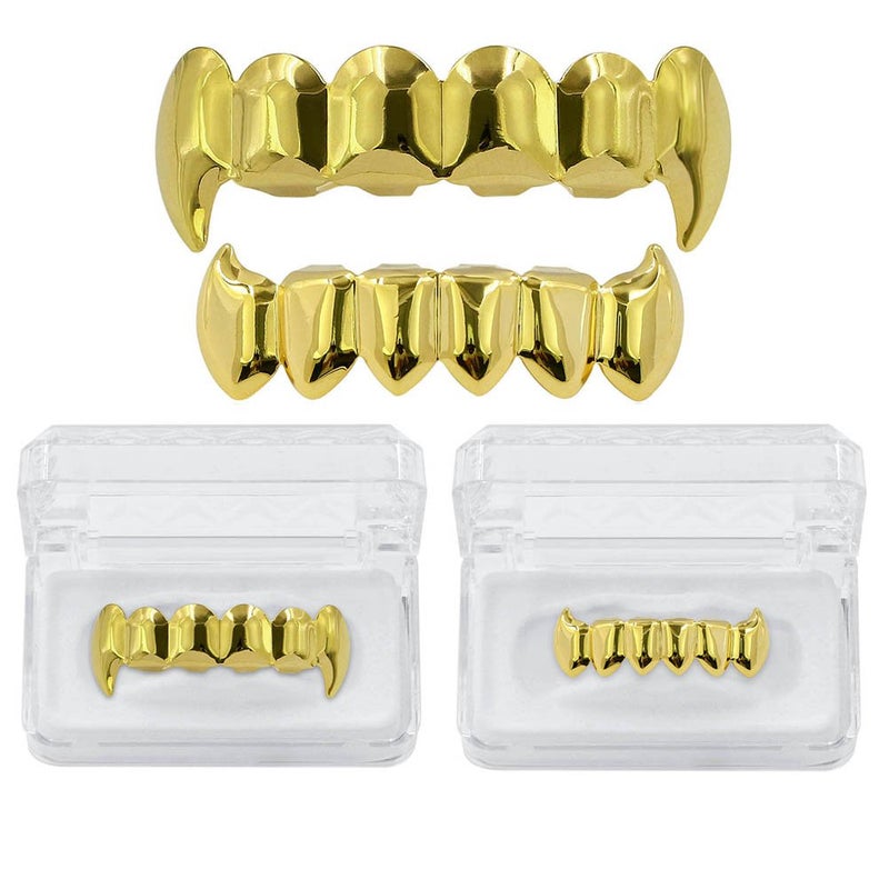 JINAO Gold Vampire Grillz Face 14K Gold Plated Hip Hop Top Bottom Fangs Grills for Your Teeth Set for Men and Women (Gold Grillz) - Image 4